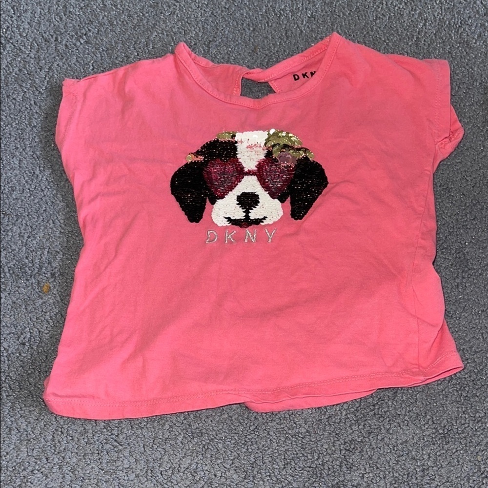 DKNY Pink Short Sleeve Tee with Playful Dog Graphic